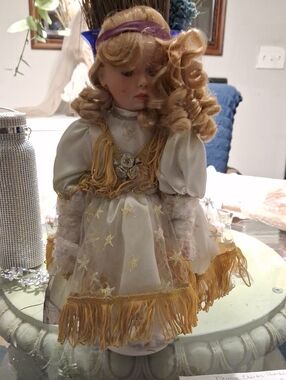 Porcelain Doll in White and Gold Dress - Decorative Kids Toy